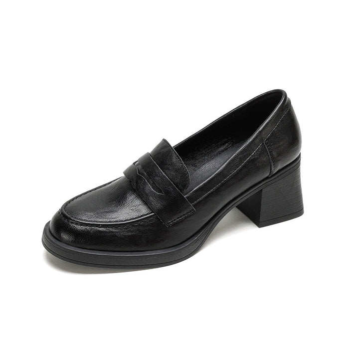 Women's Leather Block Heel Loafers Slip-On Casual Shoes