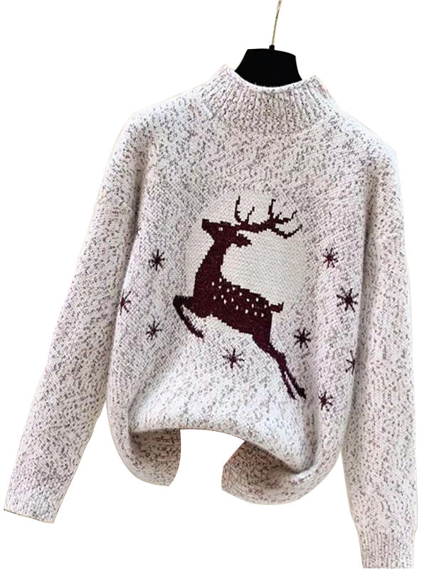 Women's Reindeer Holiday Sweater Mock Neck Long Sleeve