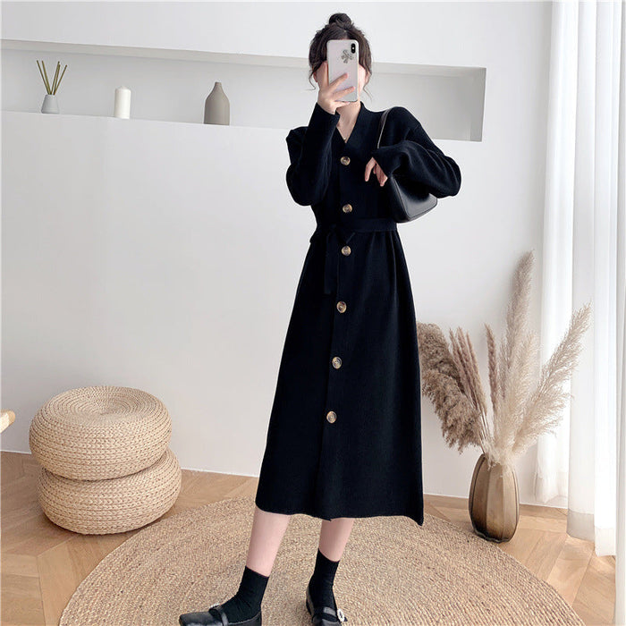 Women's V-Neck Belted Midi Knit Dress with Button Front
