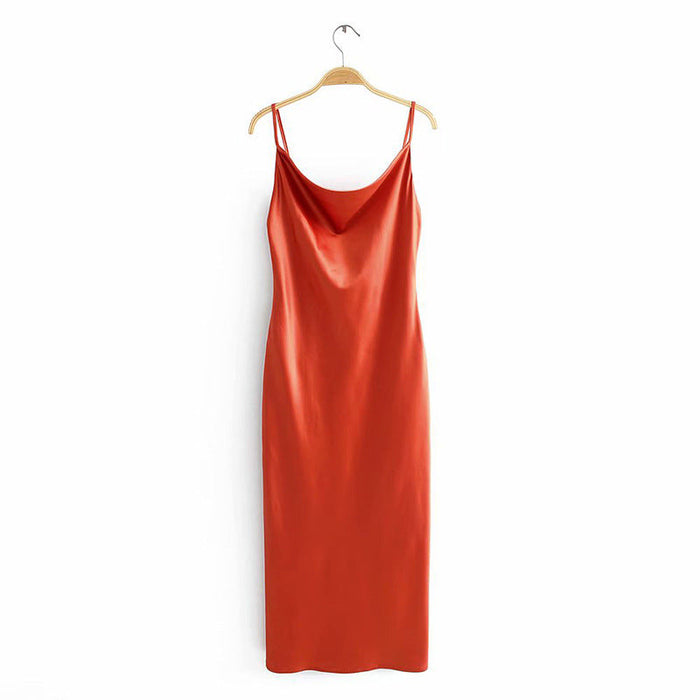 Women's Cowl Neck Slip Midi Dress with Spaghetti Straps