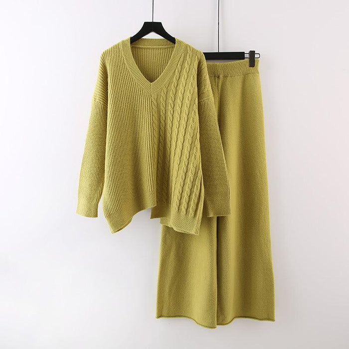 Women's Cable Knit V-Neck Sweater and Skirt Set