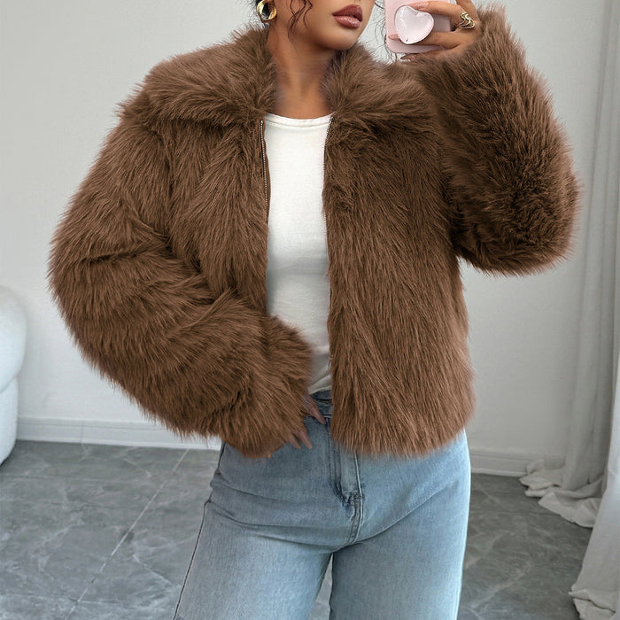 Women's Faux Fur Jacket with Stand Collar Short