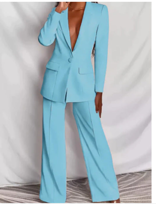 Women's Tailored Blazer Wide-Leg Pant Suit Set