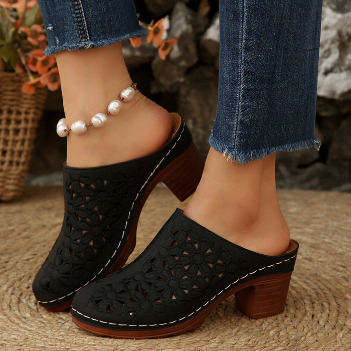 Women's Laser-Cut Block Heel Clogs with Floral Pattern