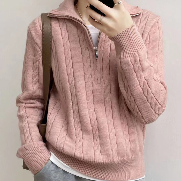 Women's Cable Knit Half-Zip Sweater with Ribbed Hem