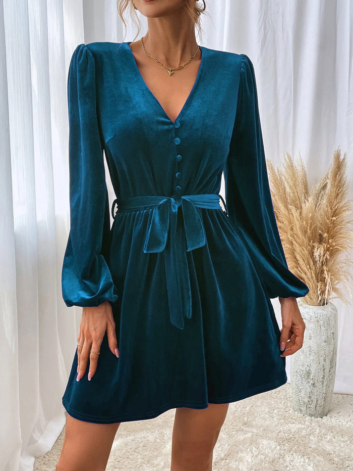 Women's V-Neck Mini Dress with Puff Sleeves and Waist Tie