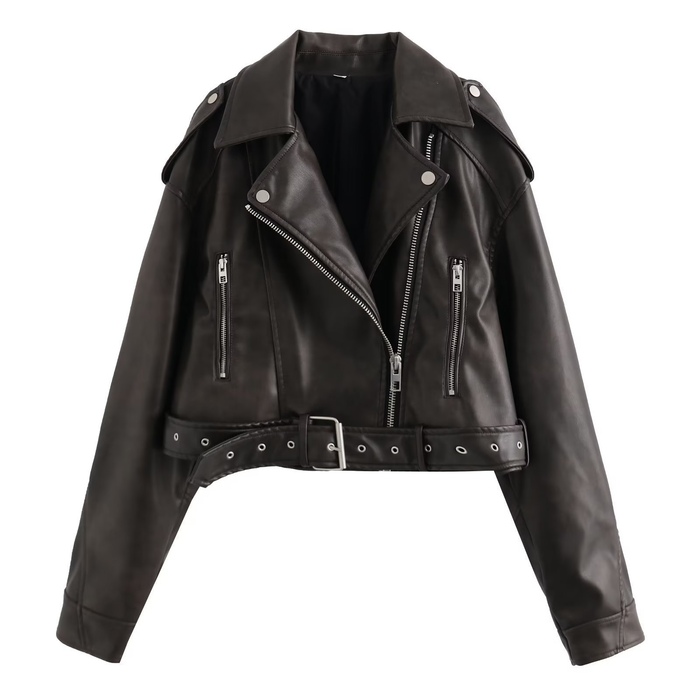 Women's Biker Jacket with Lapel Collar and Waist Belt