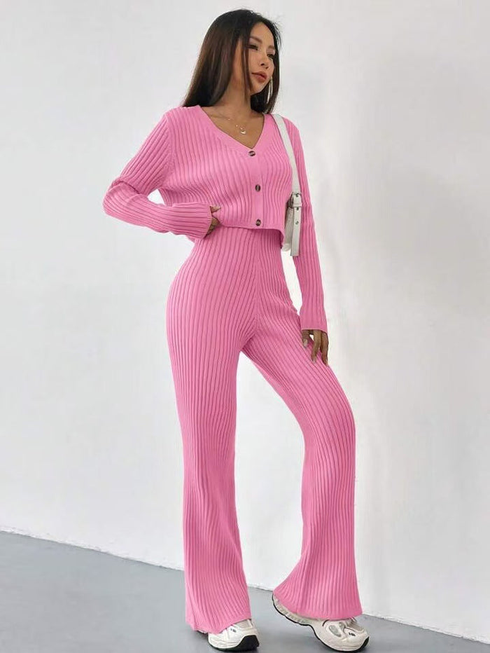 Women's Ribbed Cardigan and Pants Set with V-Neck
