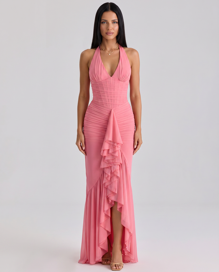 Shelby | Maxi Dress with Halter Neck and Waterfall Ruffle
