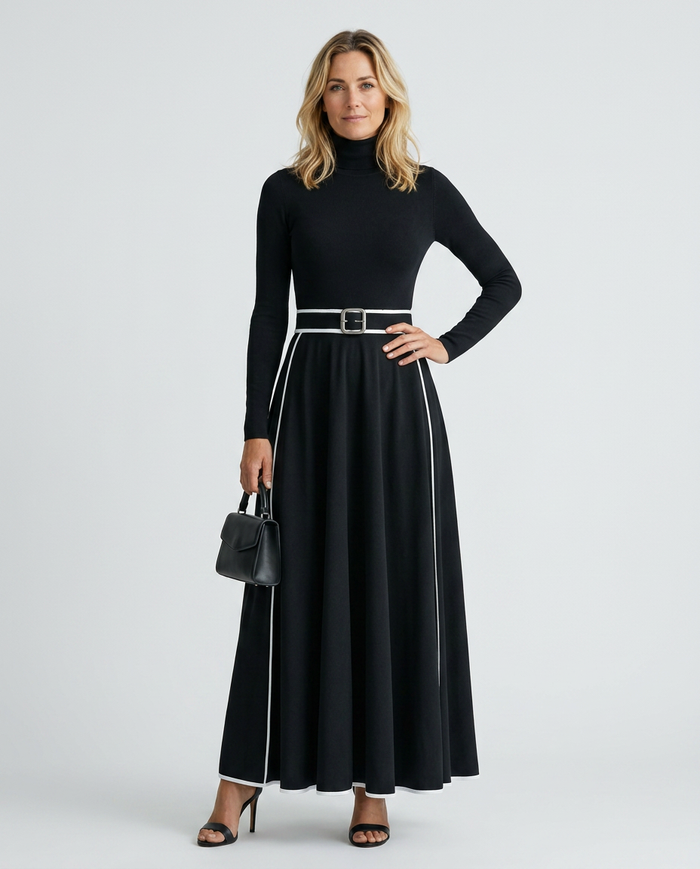 Audra | High-Neck Maxi Dress with Contrast Trim and Belt
