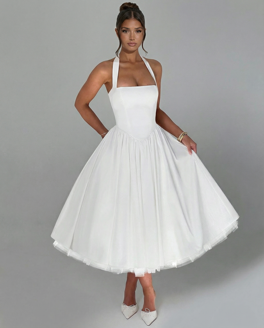 Lena | Midi Halter Neck Lace-Up Back Dress
