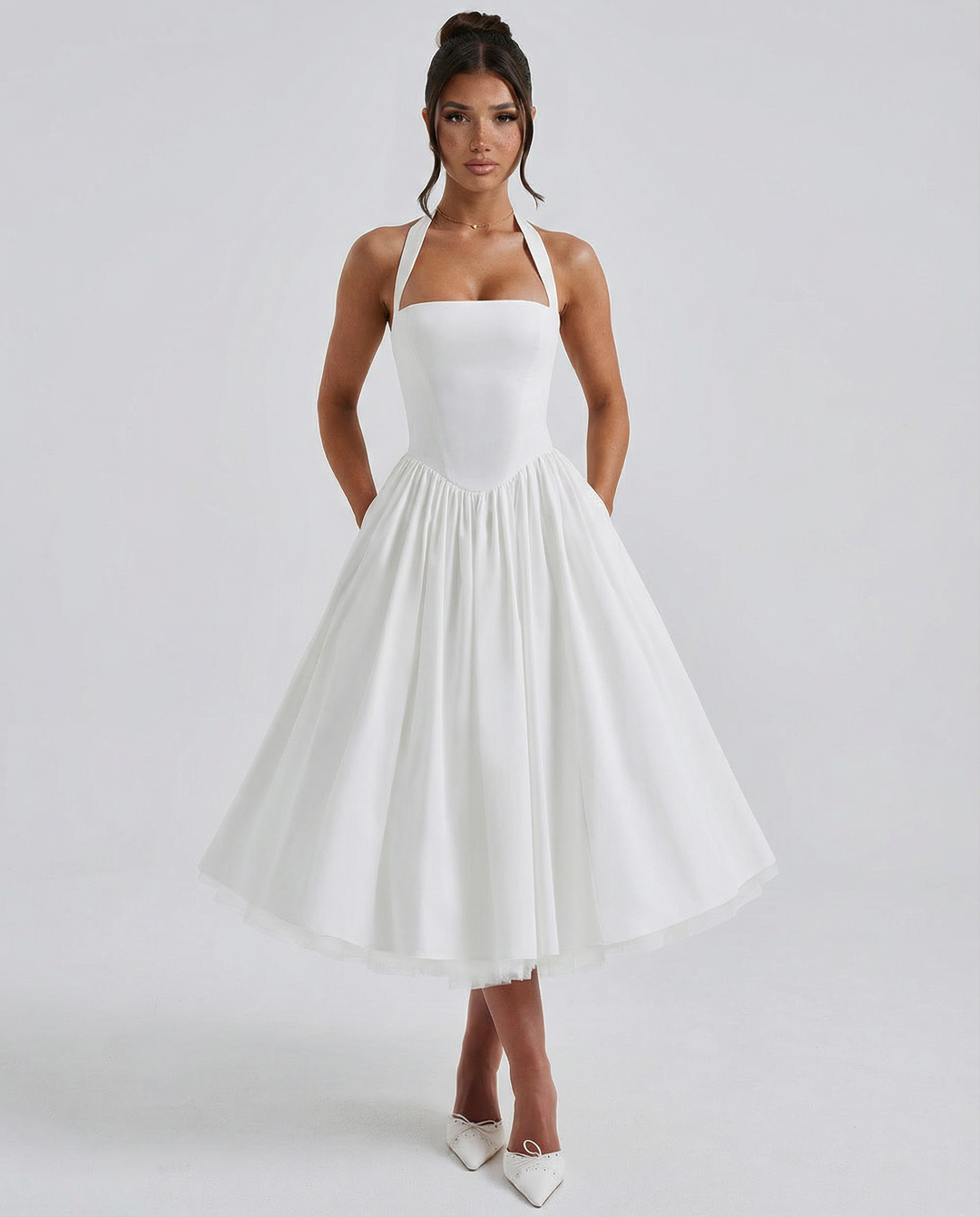 Lena | Midi Halter Neck Lace-Up Back Dress