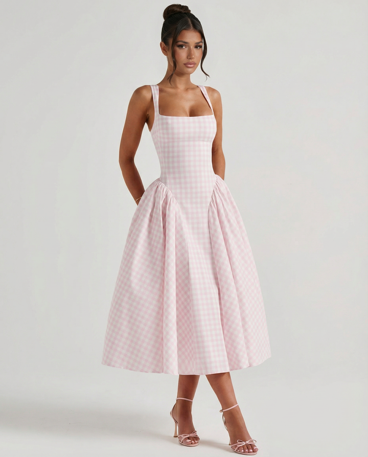 Francesca | Midi Dress with Gingham Corset and Square Neck