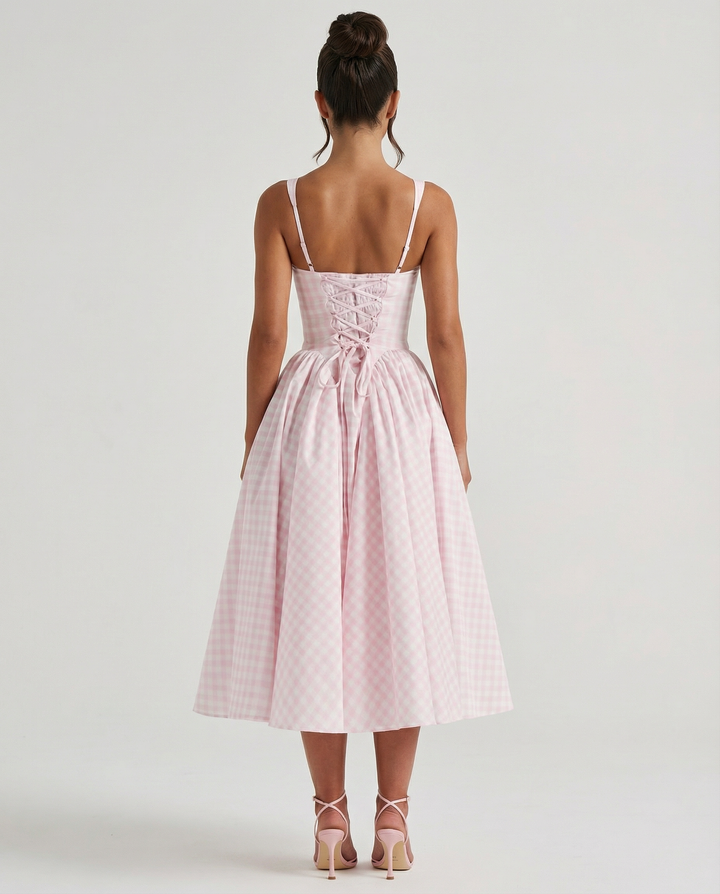 Francesca | Midi Dress with Gingham Corset and Square Neck