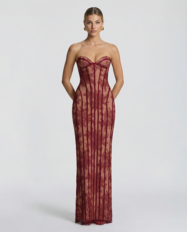 Catherine | Maxi Dress with Sheer Lace Corset and Lace-Up Back