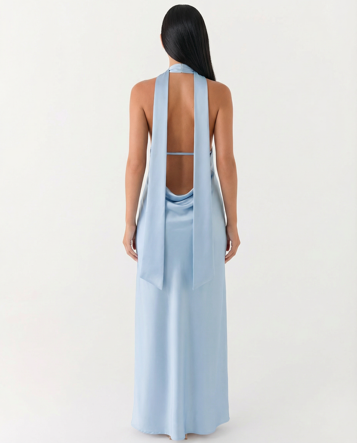Jayne | Low V Neck Cowl Back Satin Halter Maxi Dress