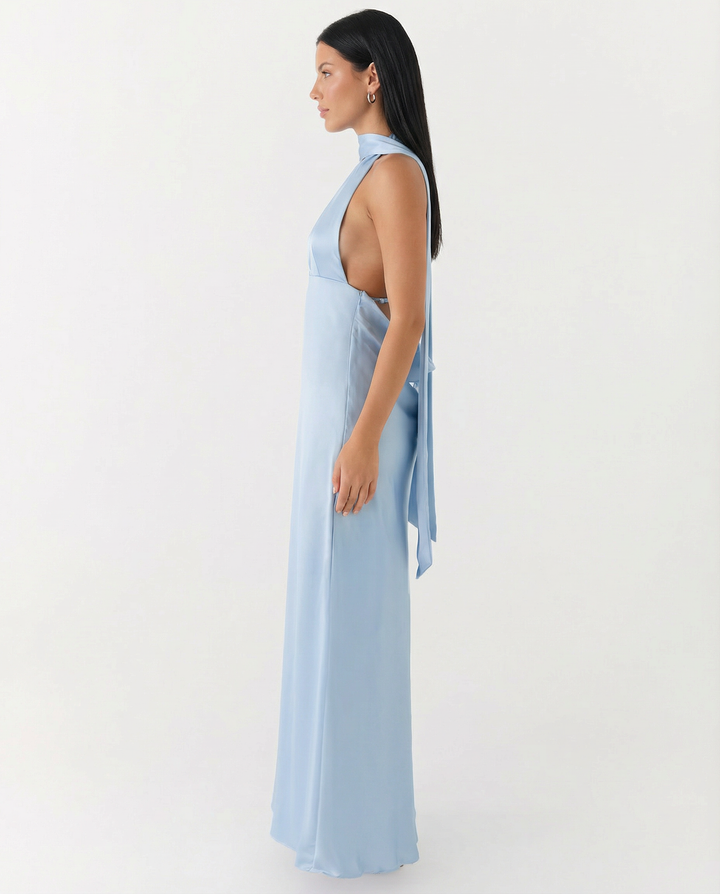 Jayne | Low V Neck Cowl Back Satin Halter Maxi Dress