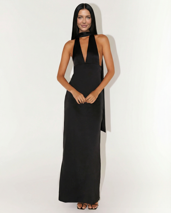 Jayne | Low V Neck Cowl Back Satin Halter Maxi Dress