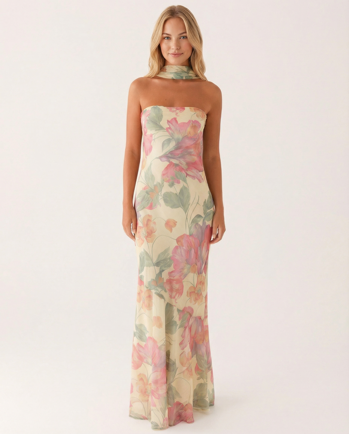 Shelia | Floral Chiffon Maxi Dress with Matching Scarf