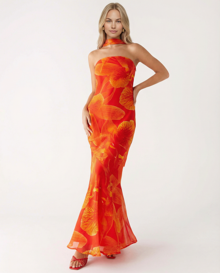 Shelia | Floral Chiffon Maxi Dress with Matching Scarf