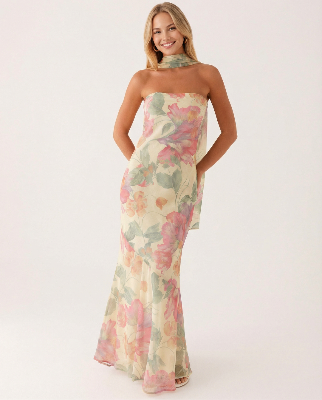 Shelia | Floral Chiffon Maxi Dress with Matching Scarf