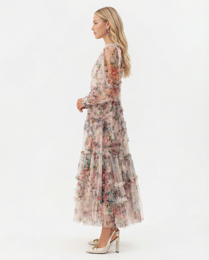 Vickie | Maxi Dress with Floral Ruffle Layers