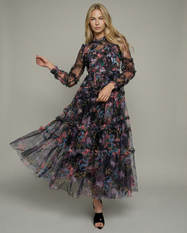 Vickie | Maxi Dress with Floral Ruffle Layers
