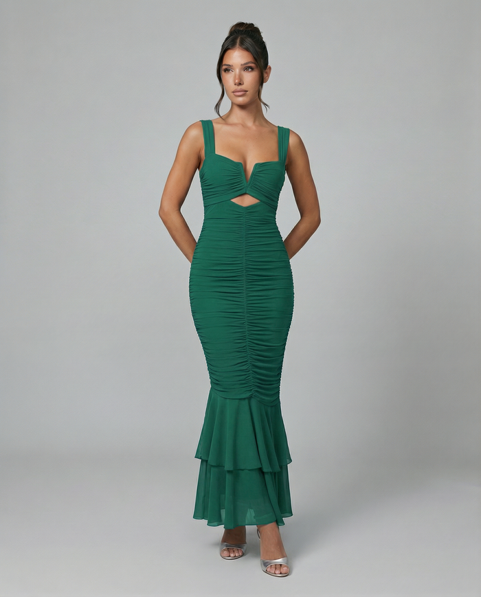 Laverne | Ruched Fishtail Maxi Dress with V-Wire Bust