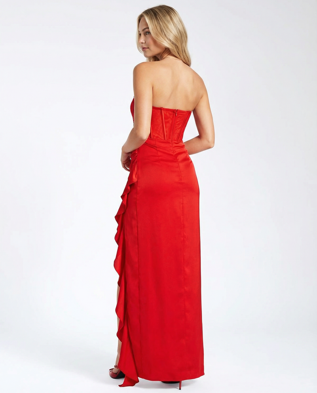Talia | Satin Maxi Dress with Lace Corset and Ruffle Trim