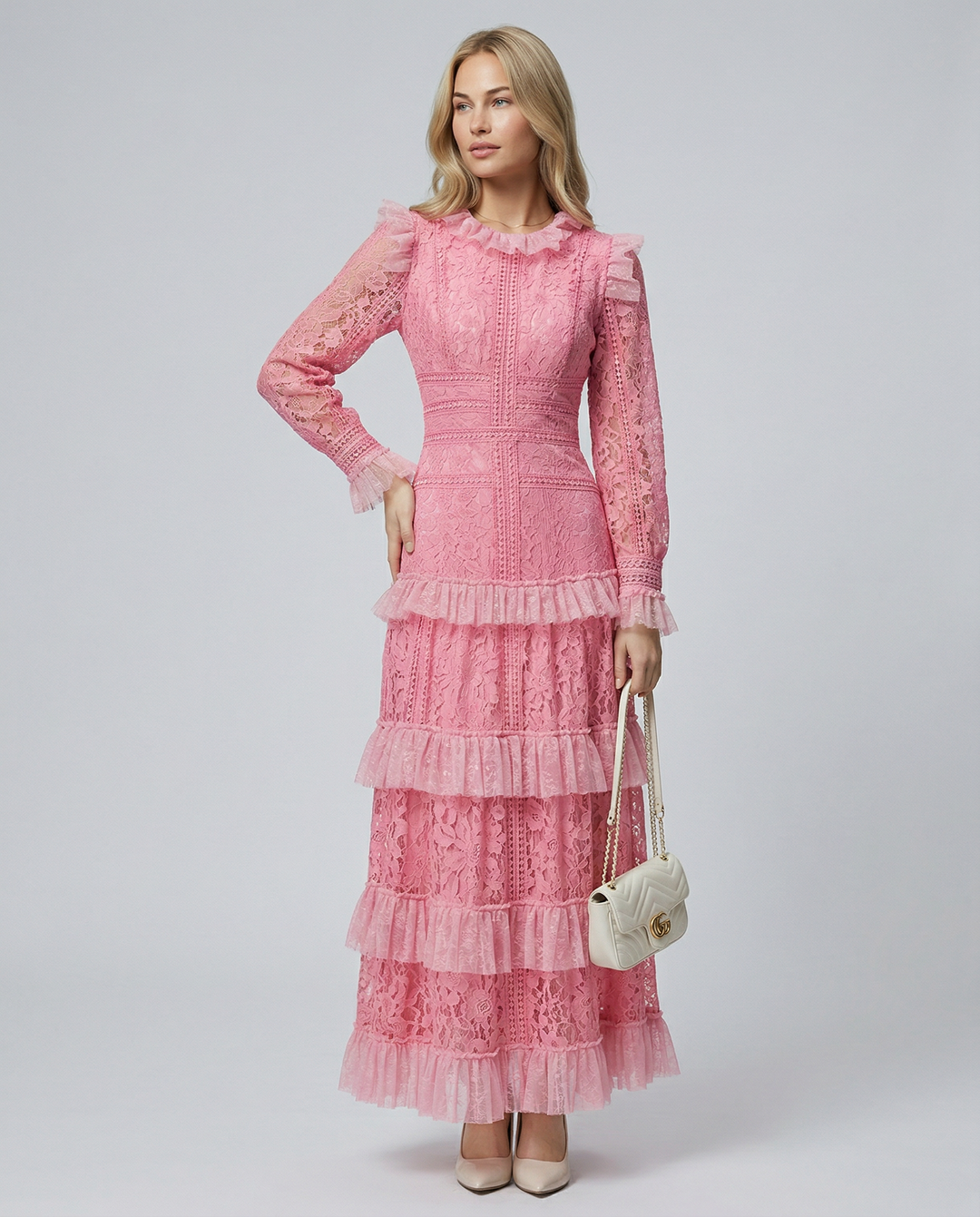 Rebekah | Lace Maxi Dress with Long Sleeves and Tiered Ruffles