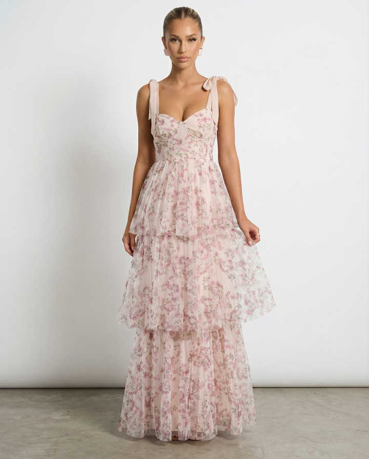 Patty | Floral Tulle Maxi Dress with Tie Straps and Tiered Skirt