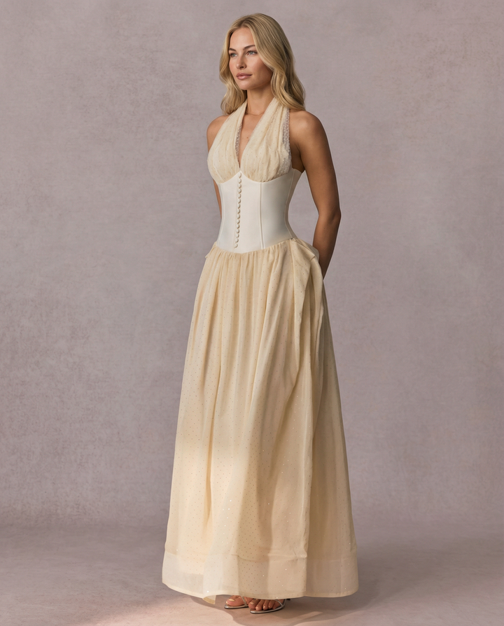 Vivien | Halterneck Maxi Dress with Tulle Overlay