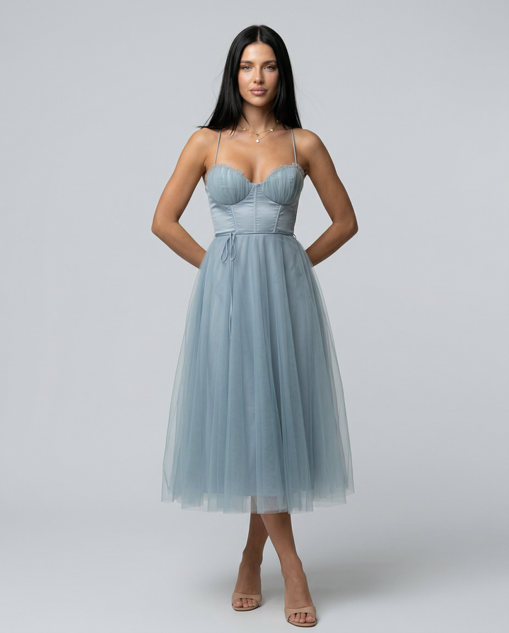 Lourdes | Tulle Midi Dress with Corset Bodice