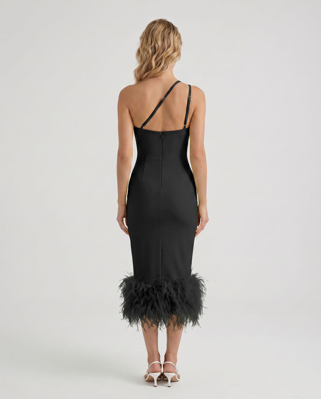 Alyssa | Midi Dress with Feather Hem and One Shoulder Strap
