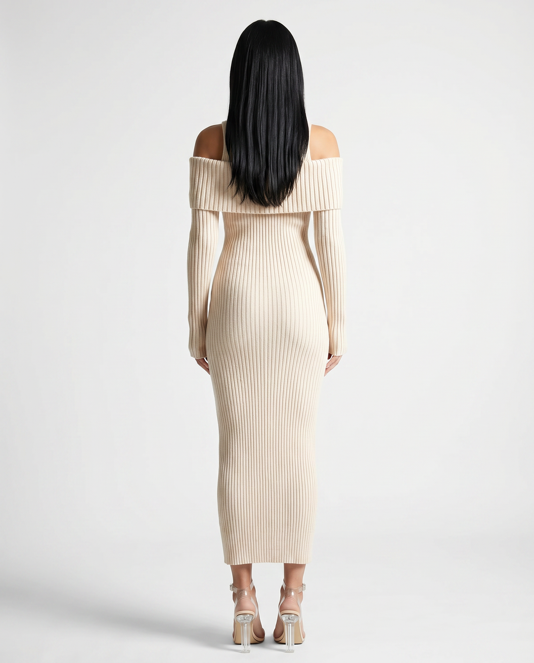 Marisa | Midi Dress with Ribbed Knit and Cold Shoulder Detail