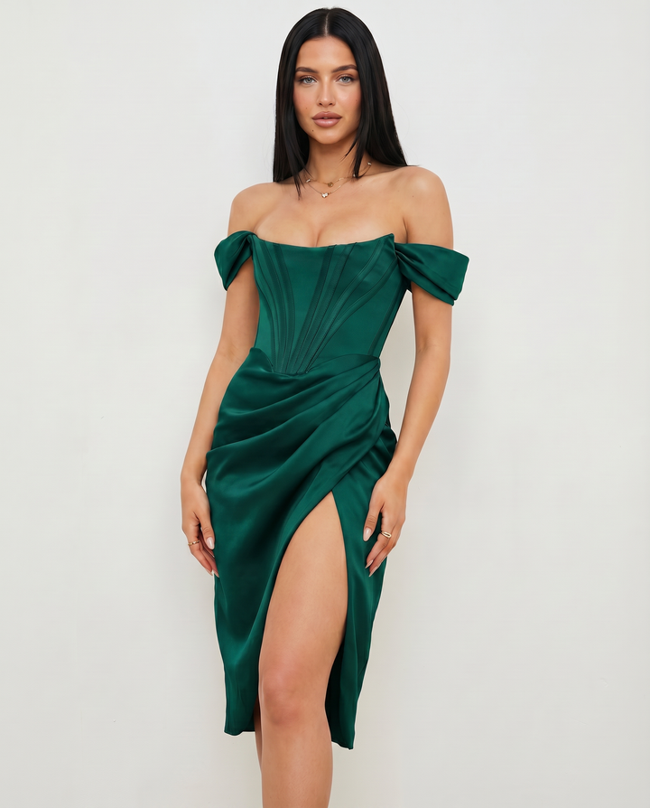 Doris | Midi Dress with Corset Bodice and Side Slit