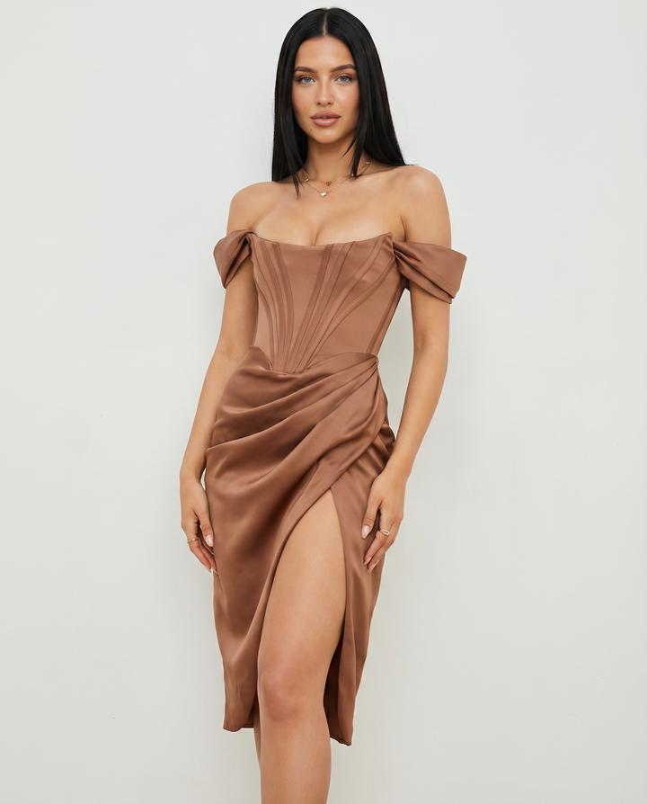 Doris | Midi Dress with Corset Bodice and Side Slit