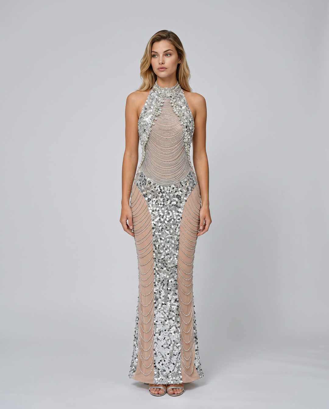 Marina | Maxi Dress with Sequin Embellishment and Halter Neck