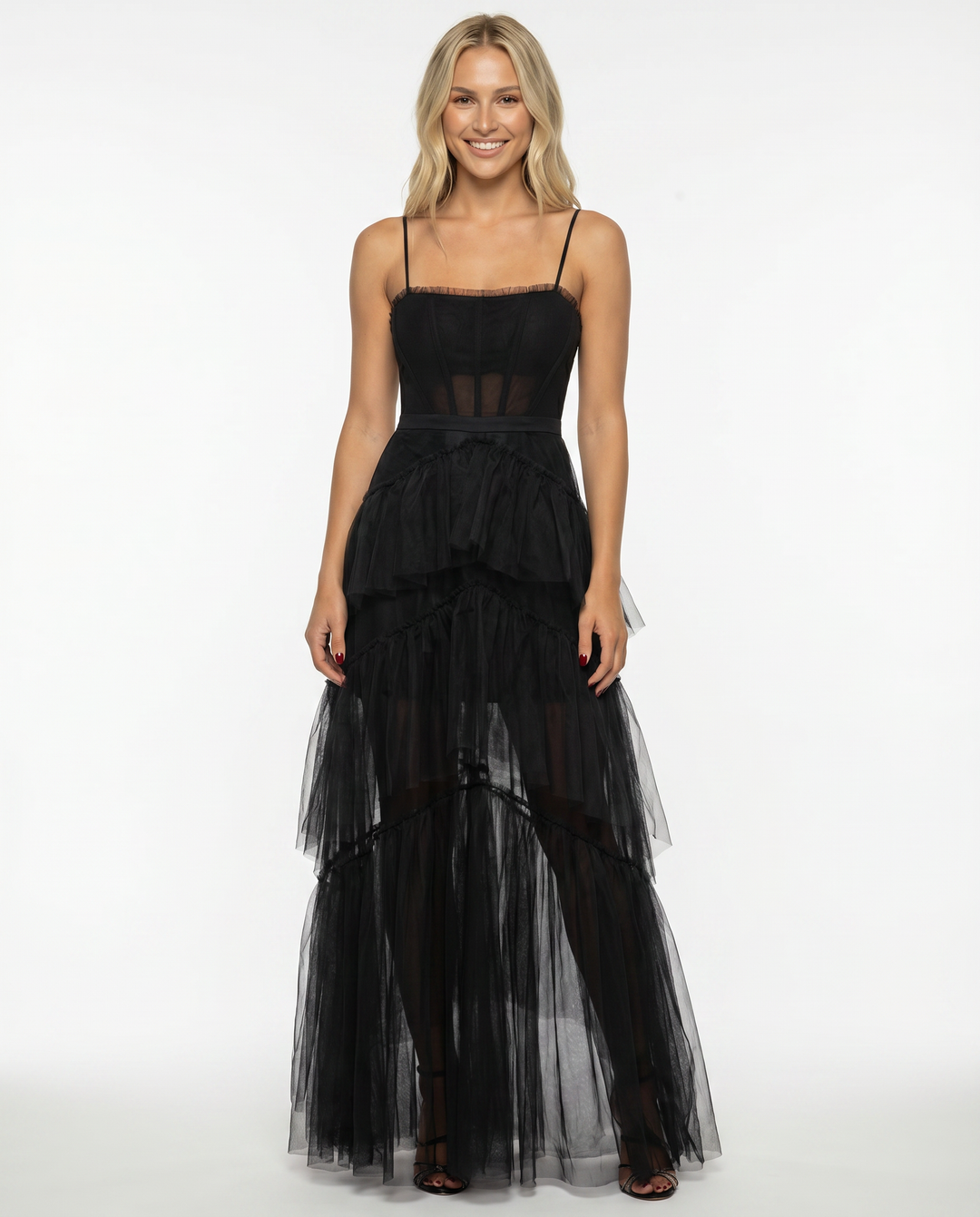 Nyx | Mesh Corset Gown with Tiered Skirt and Spaghetti Strap