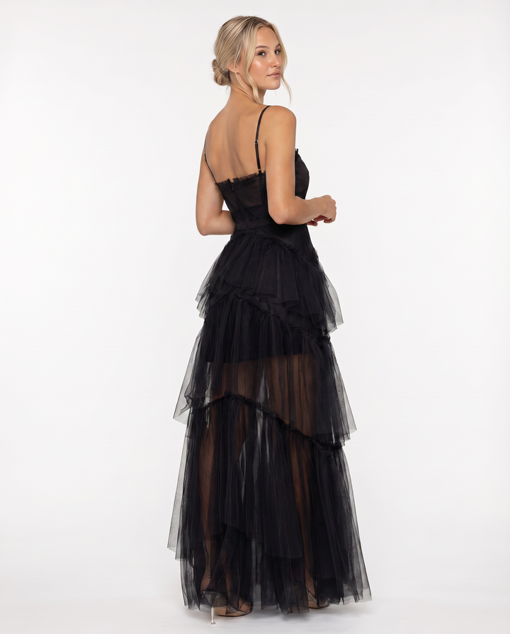Nyx | Mesh Corset Gown with Tiered Skirt and Spaghetti Strap
