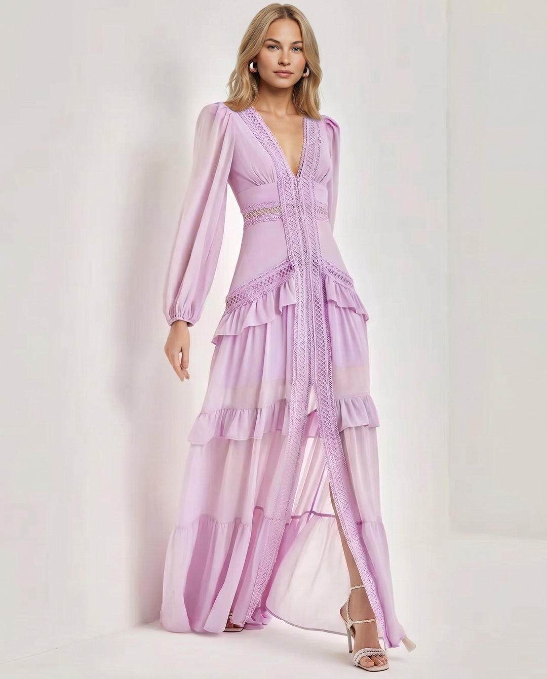 Lorie | Maxi Dress with Ruffle Skirt and Long Sheer Sleeves