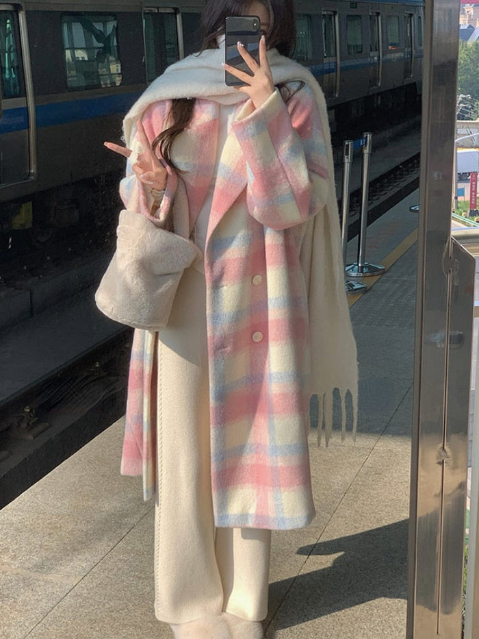 Women's Hooded Winter Coat Button-Front with Plaid Pattern