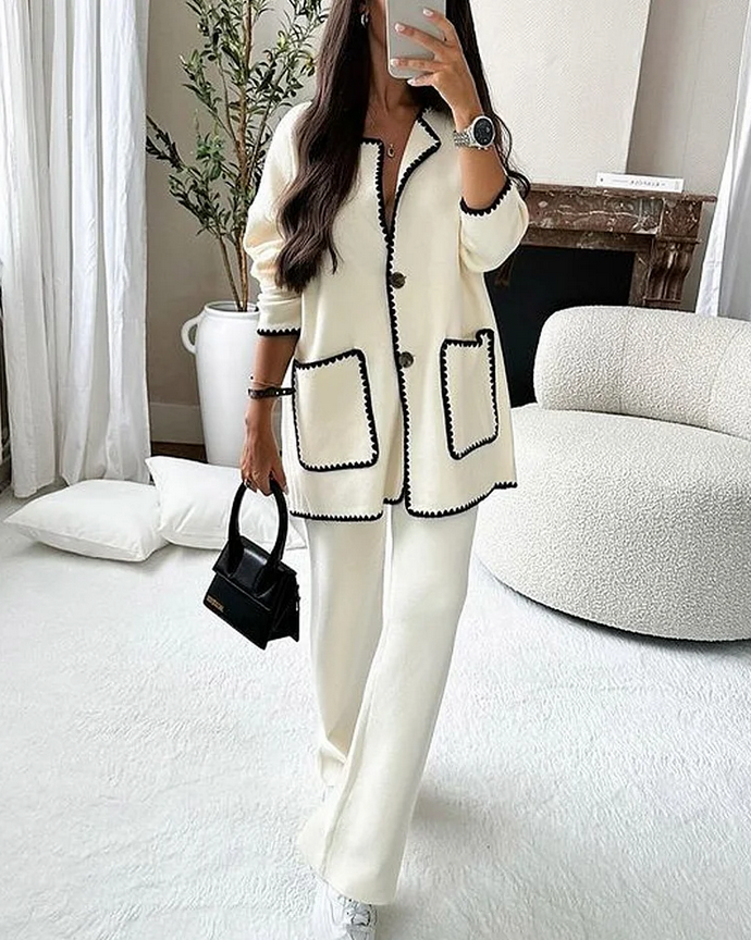 Women's Contrast Trim Cardigan Set Straight Leg Pants