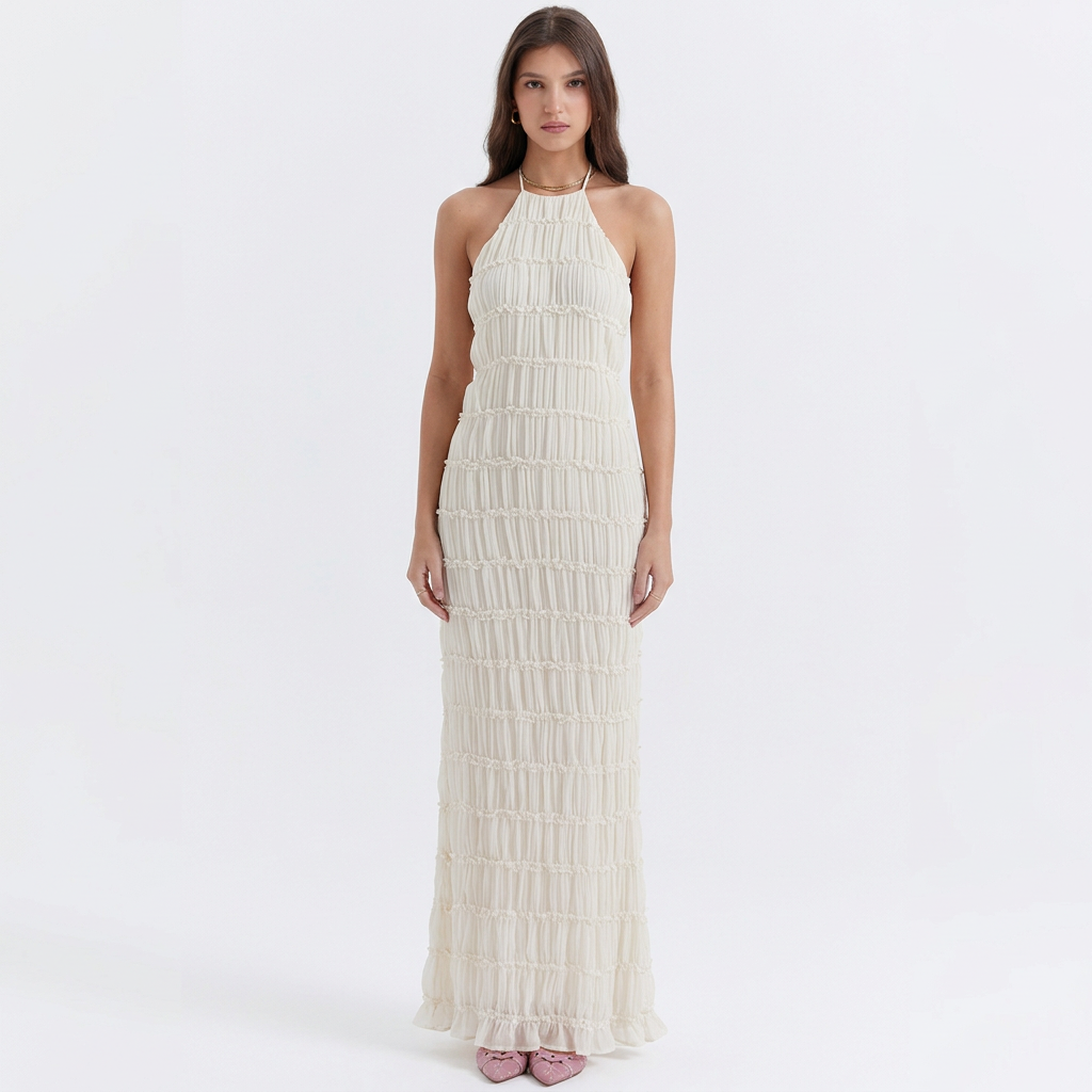Sonja | Textured Pleated Halter Neck Maxi Dress