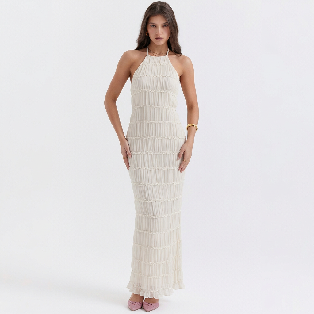 Sonja | Textured Pleated Halter Neck Maxi Dress