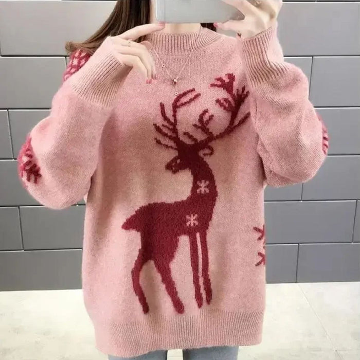 Women's Reindeer Crew Neck Sweater for Holiday Parties