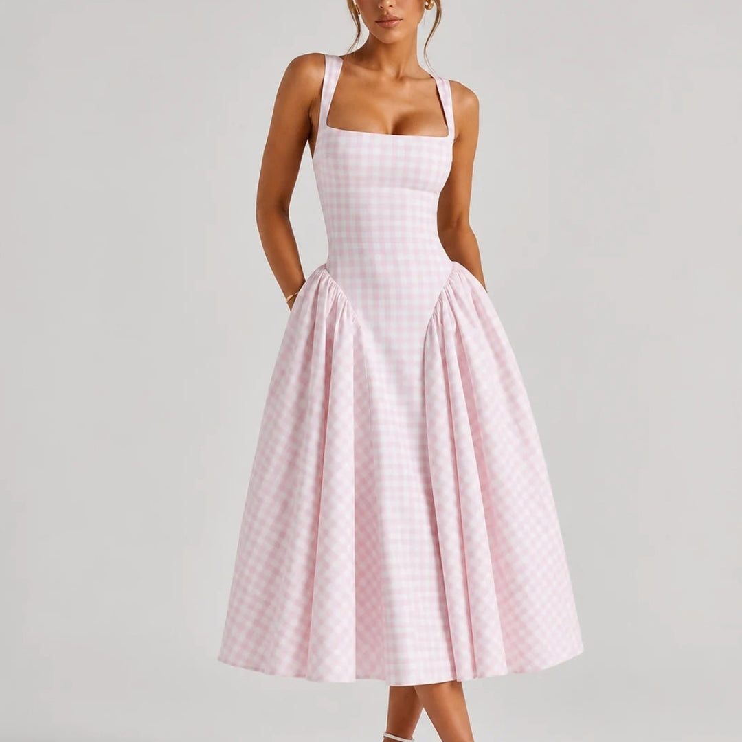Verity | Sculpted Waist Full Skirt Gingham Midi Dress
