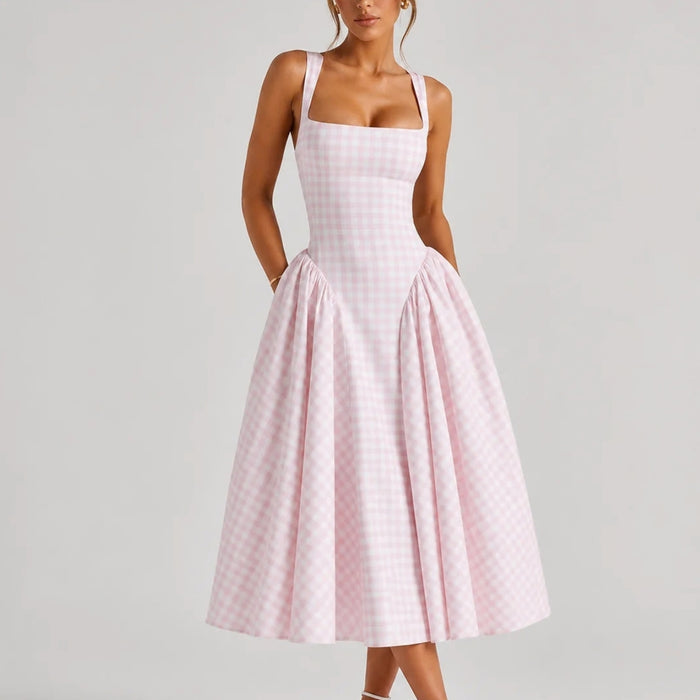 Verity | Sculpted Waist Full Skirt Gingham Midi Dress