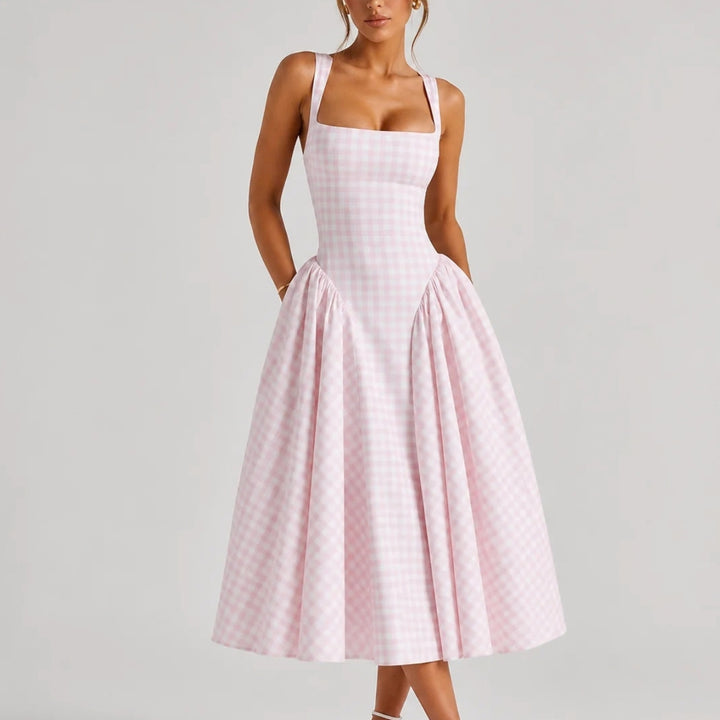 Verity | Sculpted Waist Full Skirt Gingham Midi Dress