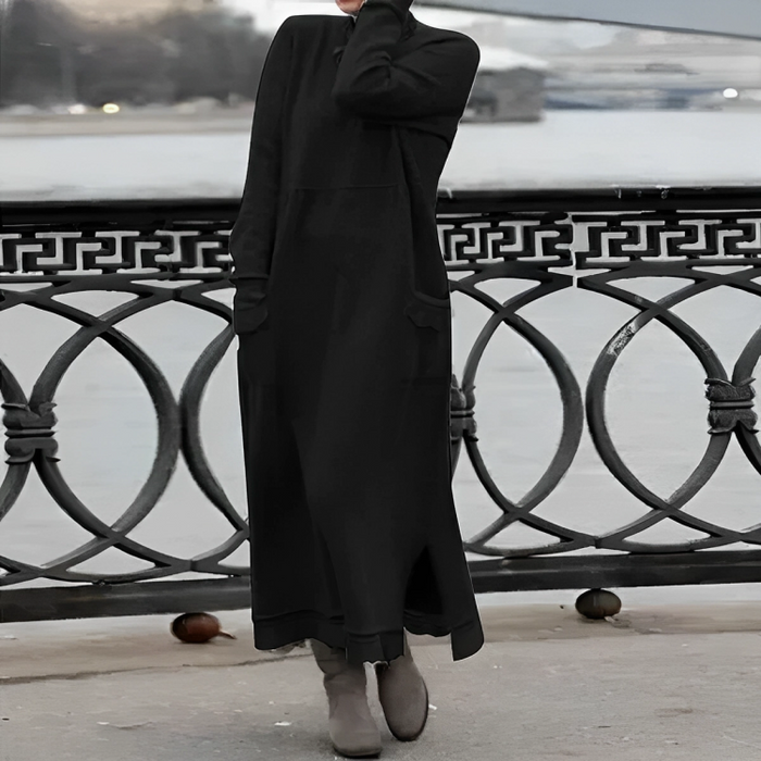 Women's Long Sleeve Hooded Maxi Dress with Side Slit